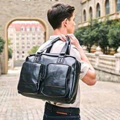 Mens Luxury Travel HandBag, With Large Pockets, High Quality Black Leather - bagsstore-us