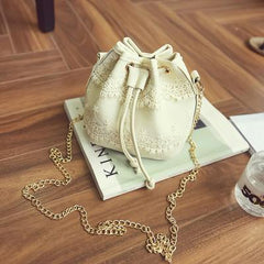 Canvas Drawstring Lady Bucket Bag with Chains - bagsstore-us